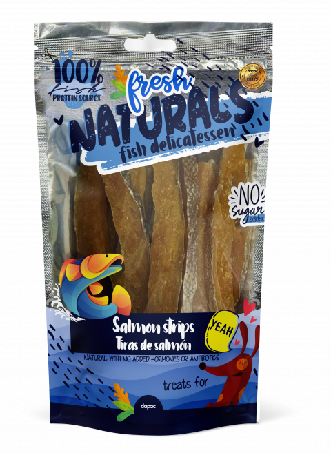 Fresh naturals salmon strips. snack natural para perros, tiras de salmón